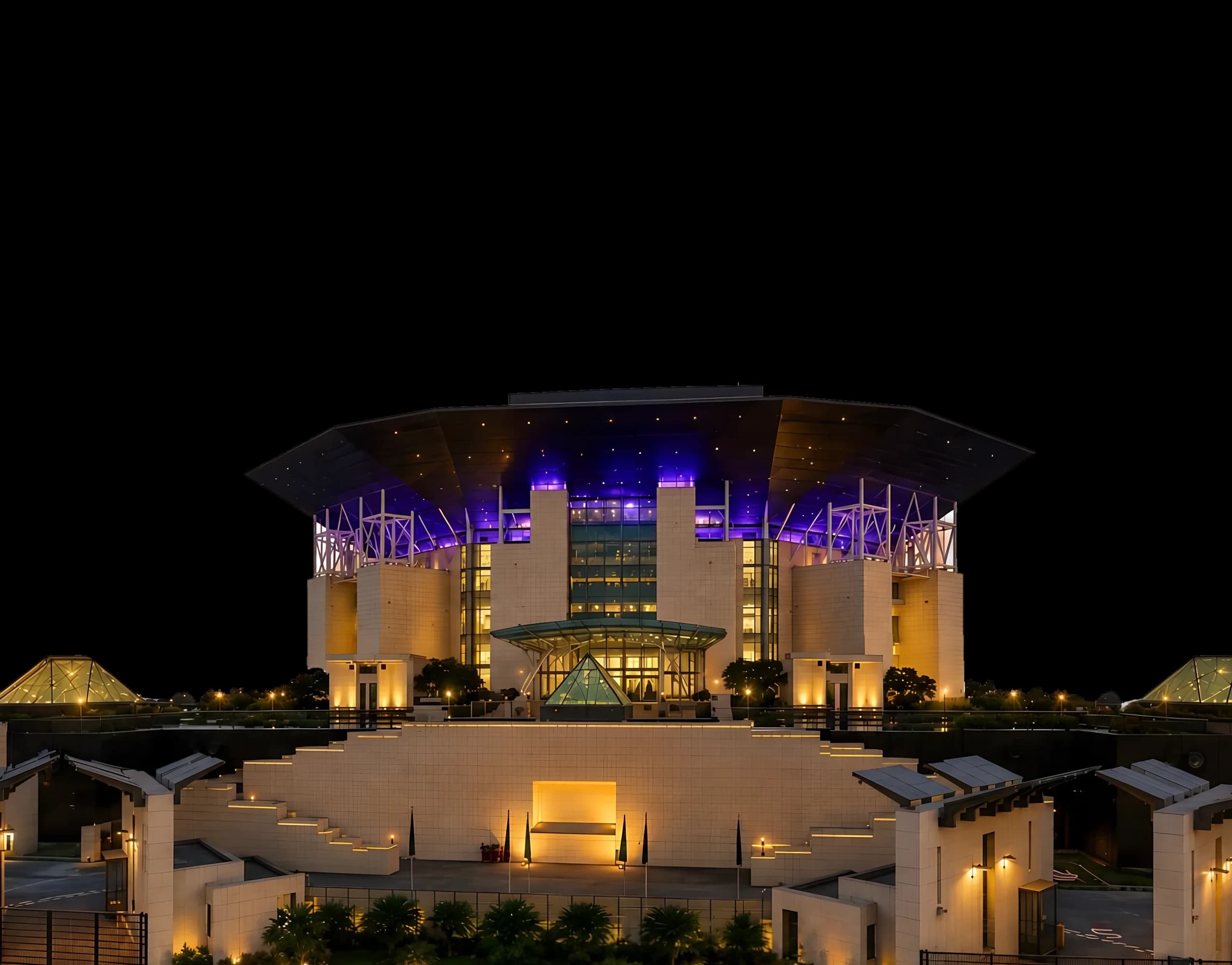 Biswa Bangla Convention Centre illuminated at night, New Town, Kolkata